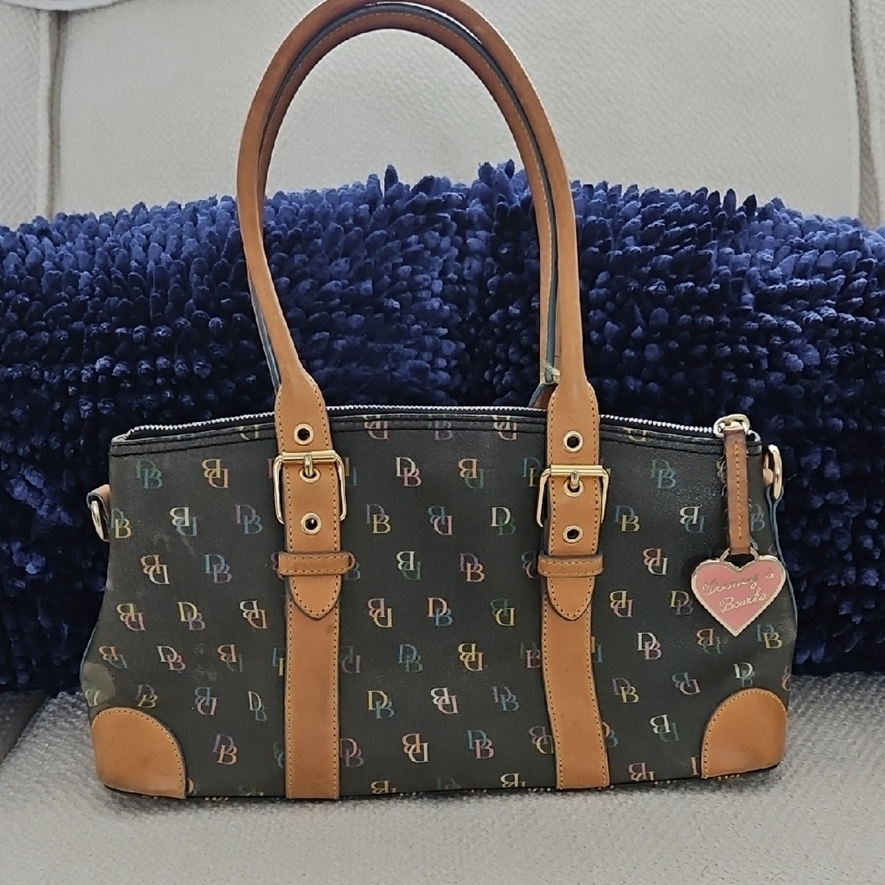 Dooney & Bourke Multicolor DB Logo Canvas Shoulder Bag with Brown Leather Trim